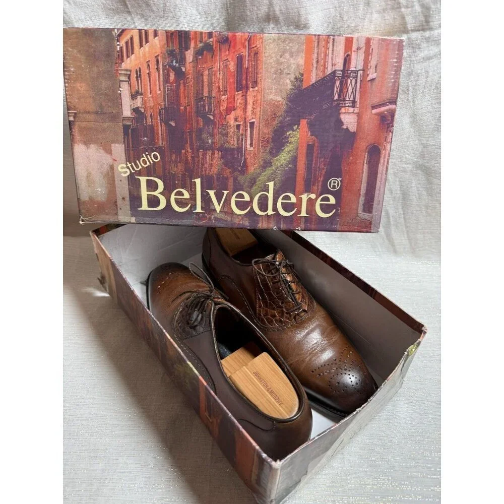 Studio Belvedere Cognac Alligator Print Leather Lace Up Oxfords Shoes Men's 11D